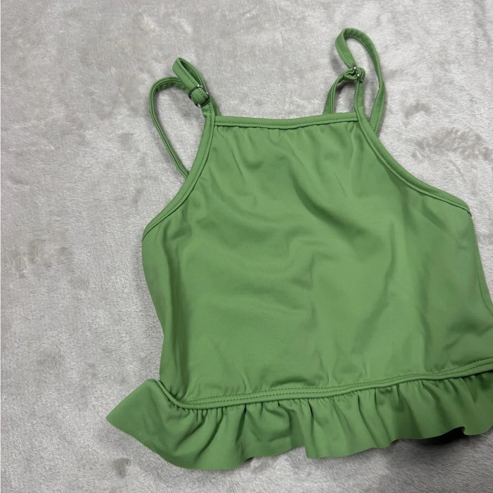 Kortni Jeane Green Adjustable Straps Ruffle Hem Square Neck Bathing Suit Top 2/3